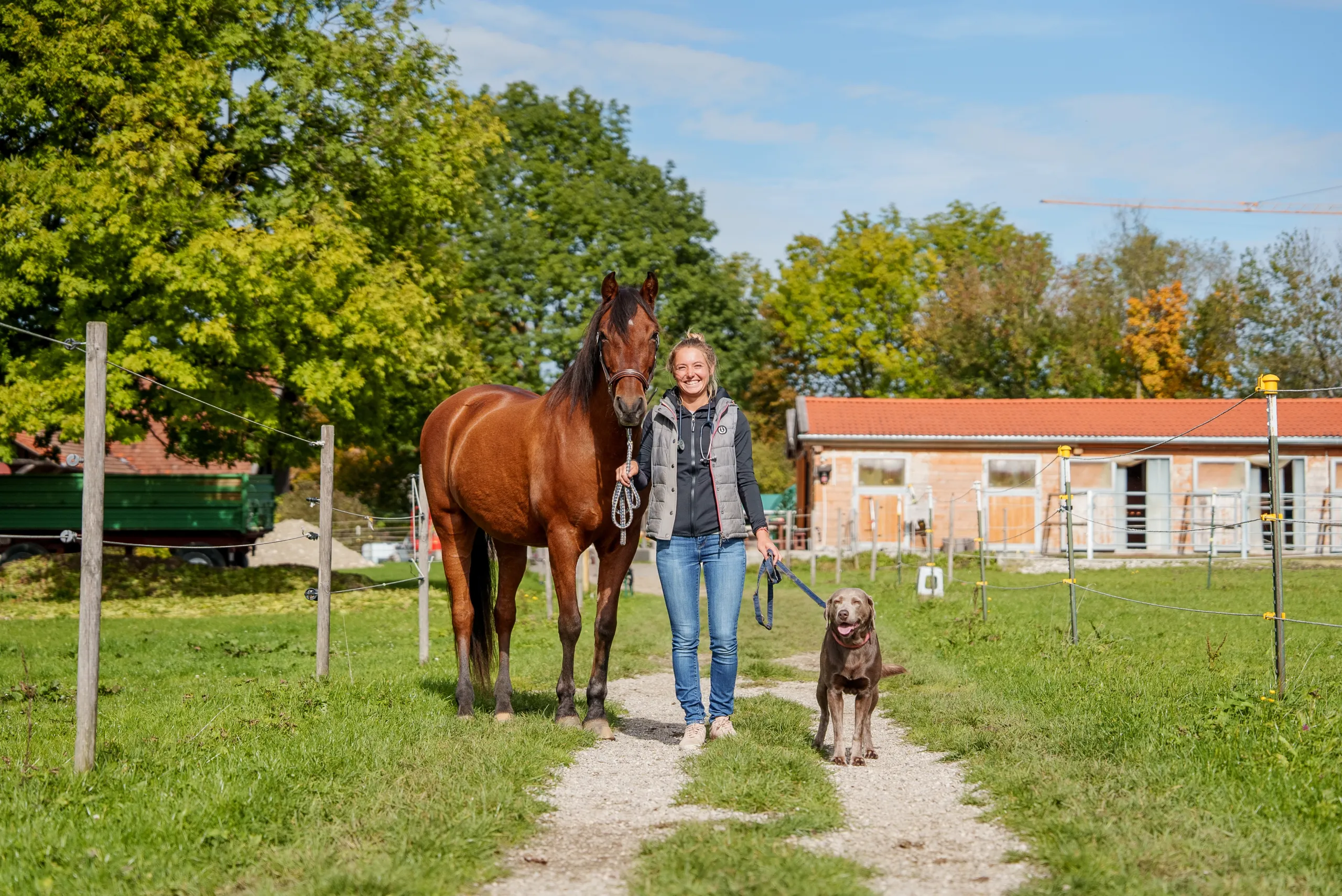 Tierärztin Jaqueline Göhle geht lächelnd mit einem braunen Pferd und einem grauen Hund auf einem Bauernhofweg entlang – Stallgebäude und grüne Wiesen im Hintergrund.